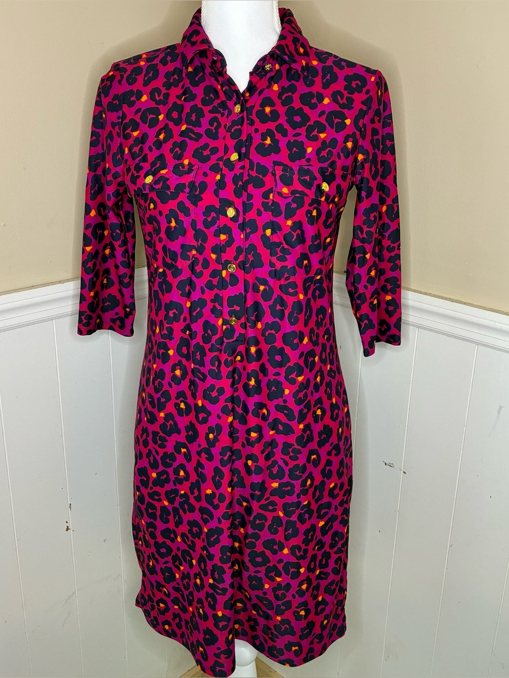 JUDE CONNALLY Fuschia Leopard Print Susanna Jersey Shirt Dress Size XS